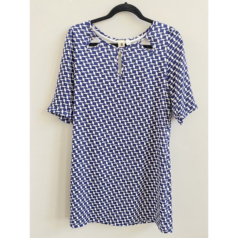 Needle & Thread Dress Women M Medium Blue Geometric Sheath Midi Round Neck Lined